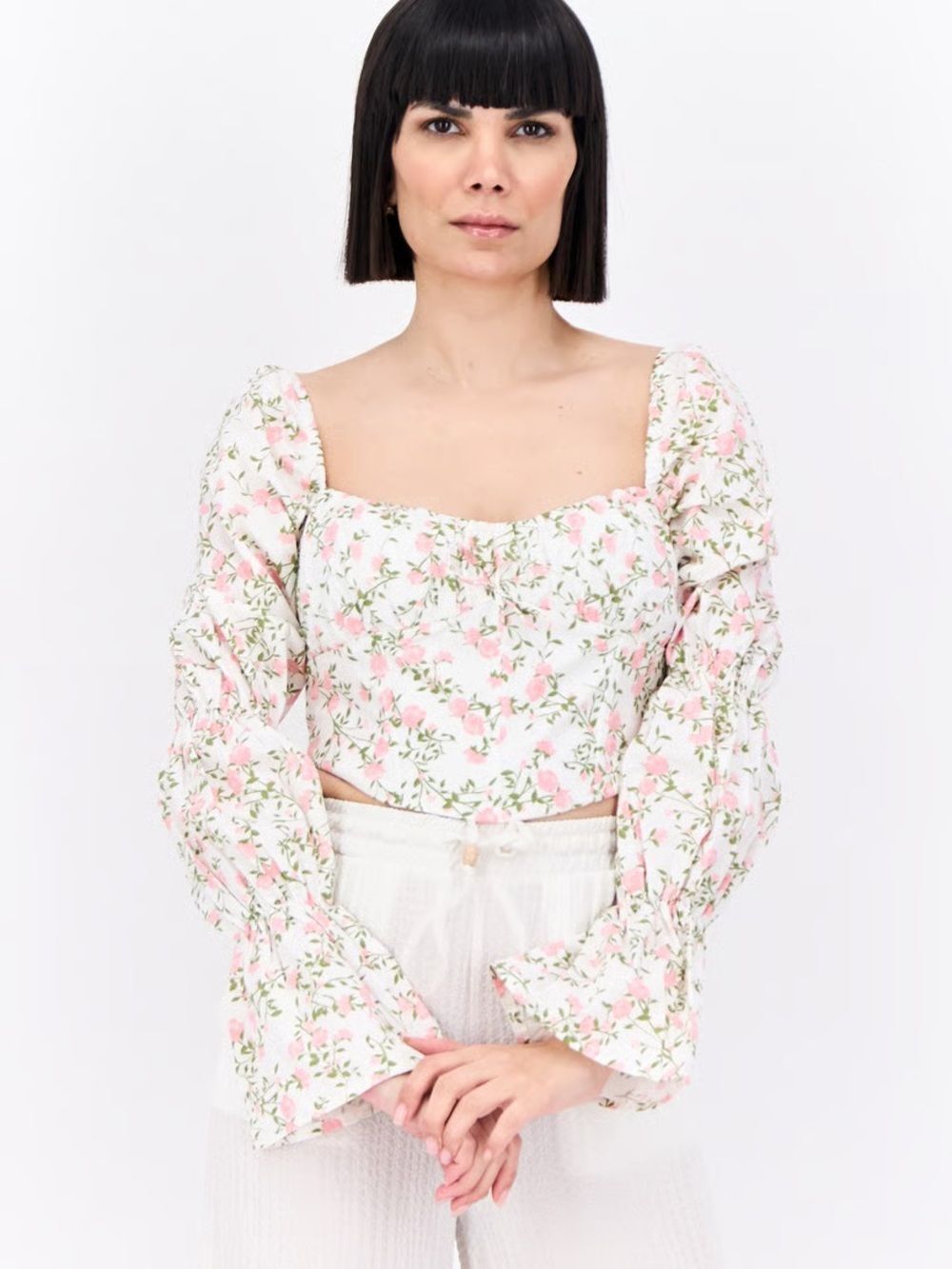 Women Square Neck Long Sleeves Floral Corset Crop Top Sz M Bershka